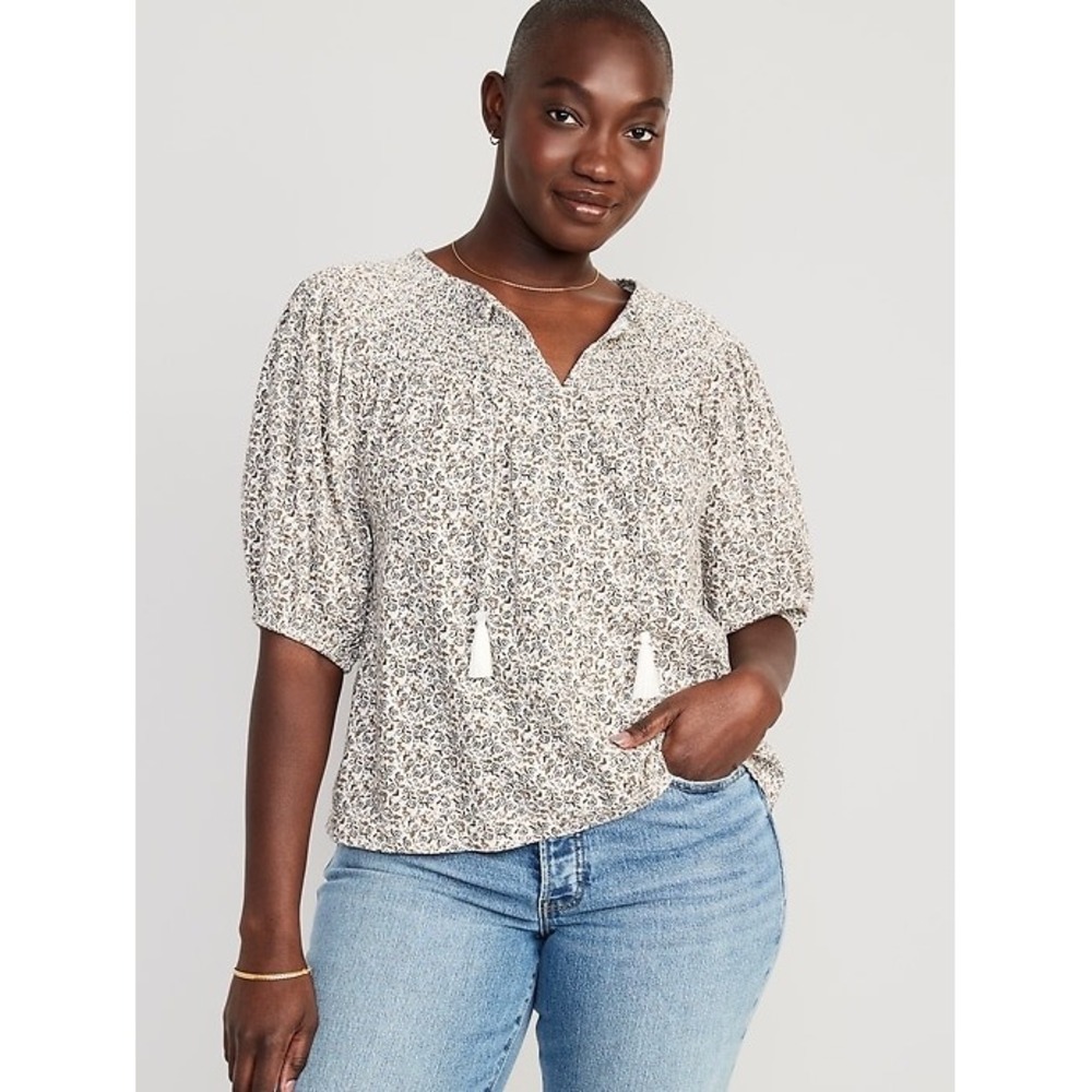 Old Navy Puff-Sleeve Tie-Front Embroidered Swing Top XL Floral Boho Peasant